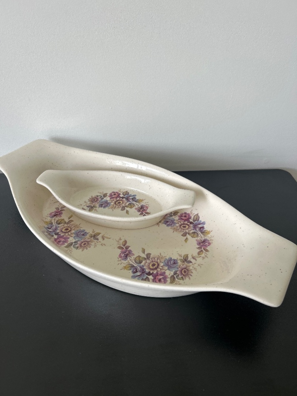 Vintage 80s Handcrafted Artist Signed Studio Ceramic Floral Serving Platter Set
